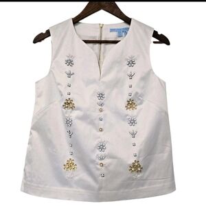 Draper James White Jeweled Sleeveless Split Neck Top size Small Holiday Wedding